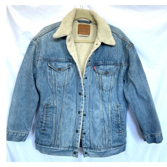 Mens Levis Type III Sherpa Lined Trucker Denim Jacket, Medium Blue Wash, XS - Picture 1 of 5